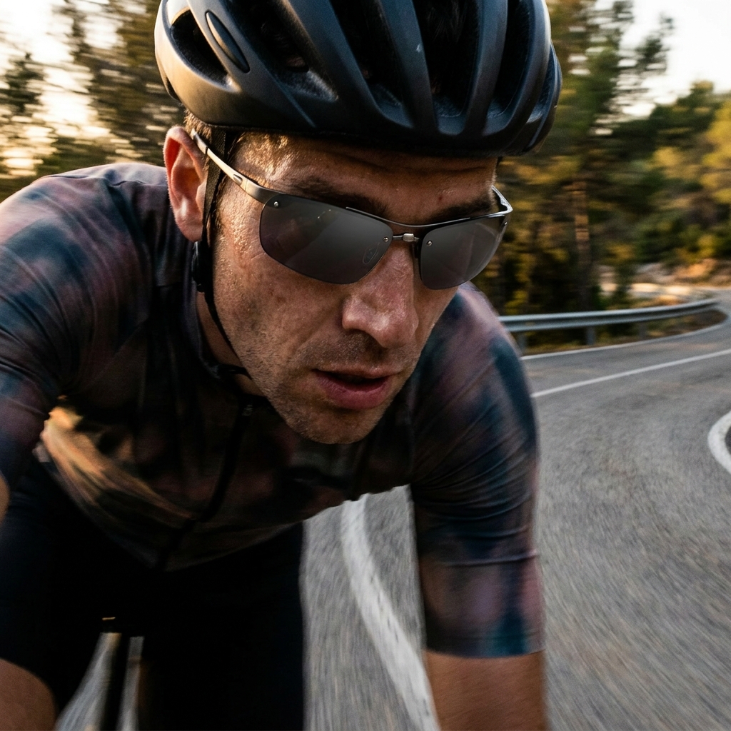 Ciclista con gafas de sol deportivas graduadas en carretera